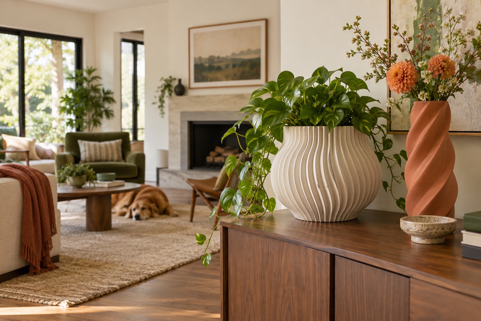 Sculptural white planter and terracotta vase styled with greenery in a warm modern living room