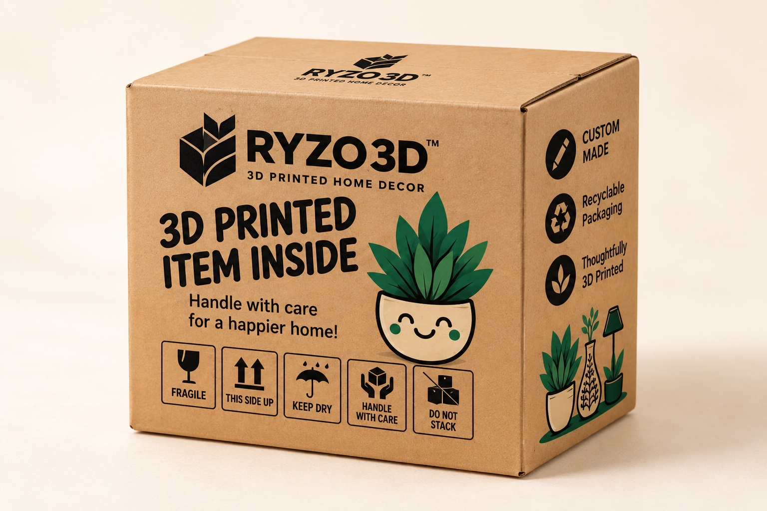 RYZO3D kraft carton packaging mockup with smiling planter