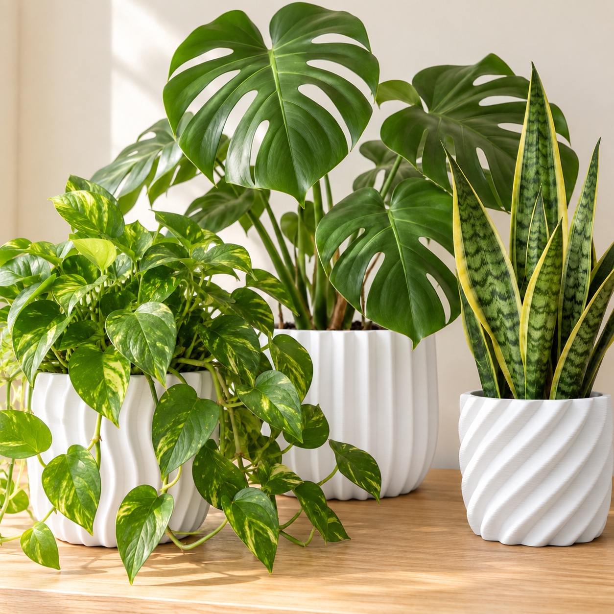 Monstera, trailing pothos and snake plant styling with sculptural white planters