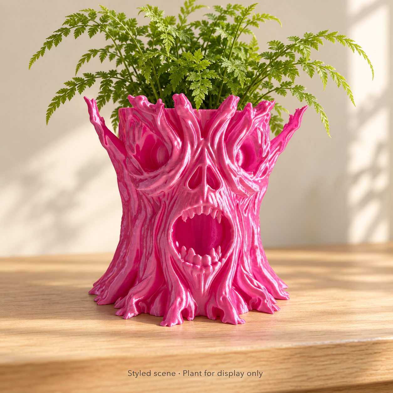 Wildwood pink tree planter styled with fern foliage. Styling illustration; plants are for display.