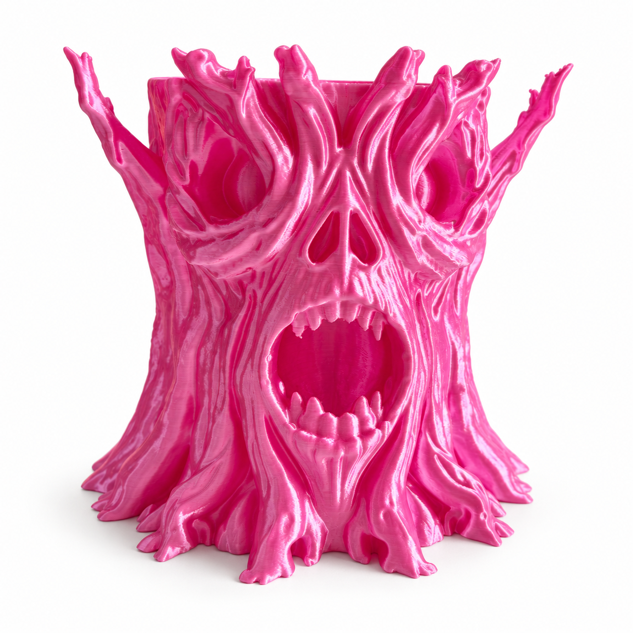 Pink tree-form planter, front view