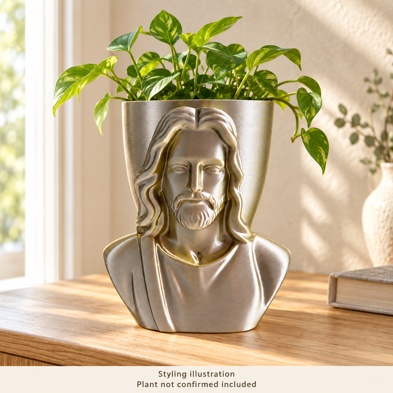 Grace & Growth Jesus Christ planter with foliage in a sunlit living room. Styling illustration; plant inclusion is not confirmed.