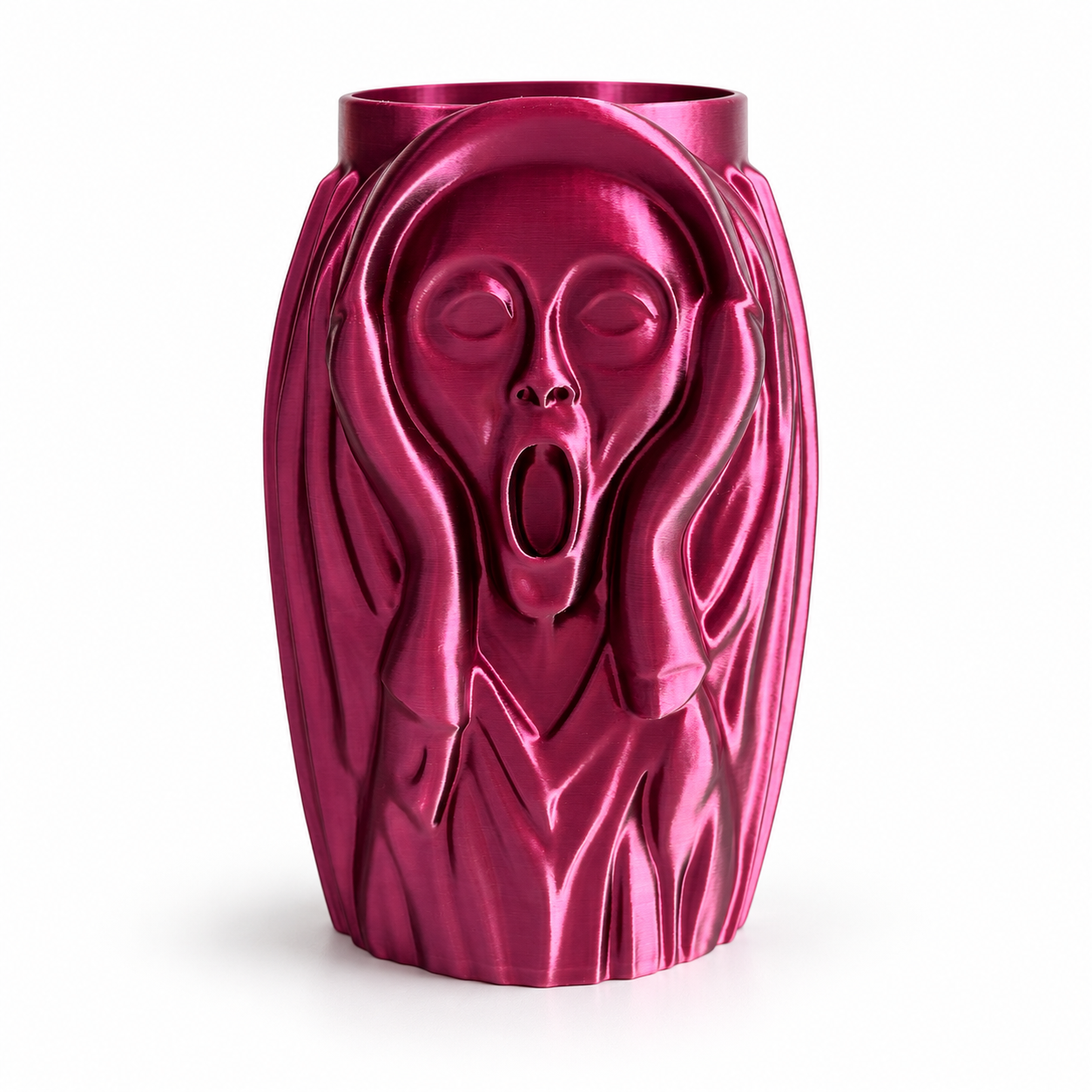Front view of the magenta elongated mask-relief column planter on white.