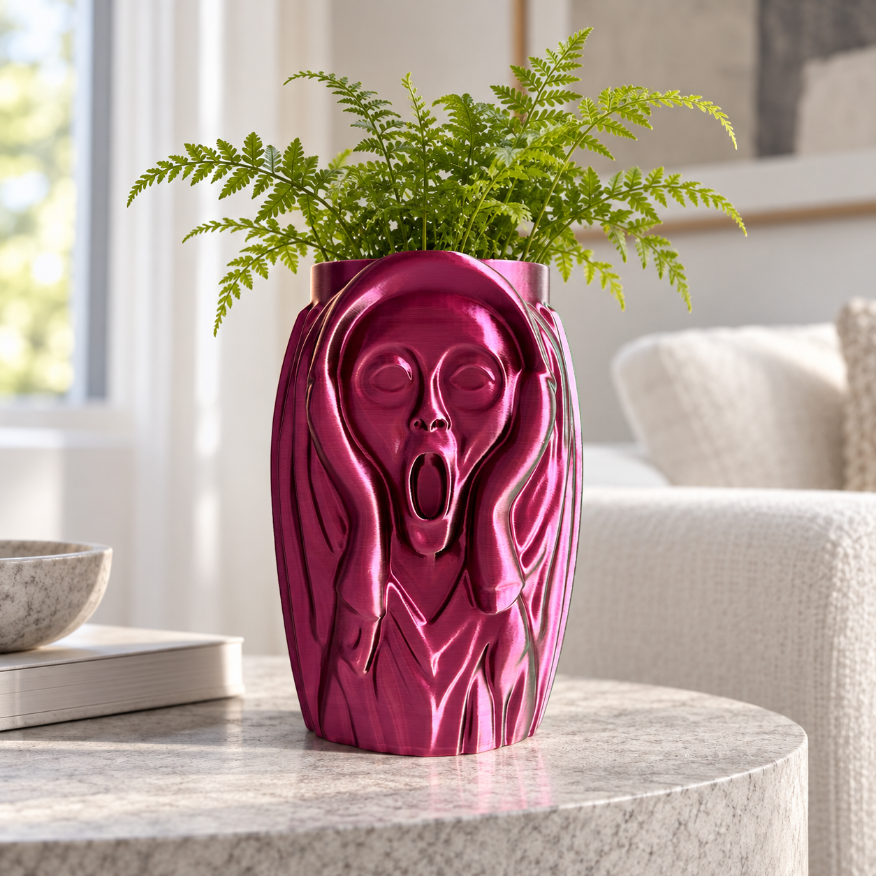 Echo Mask planter in SP019 styled with fern foliage in a living room. Styling illustration; plant inclusion is not confirmed.