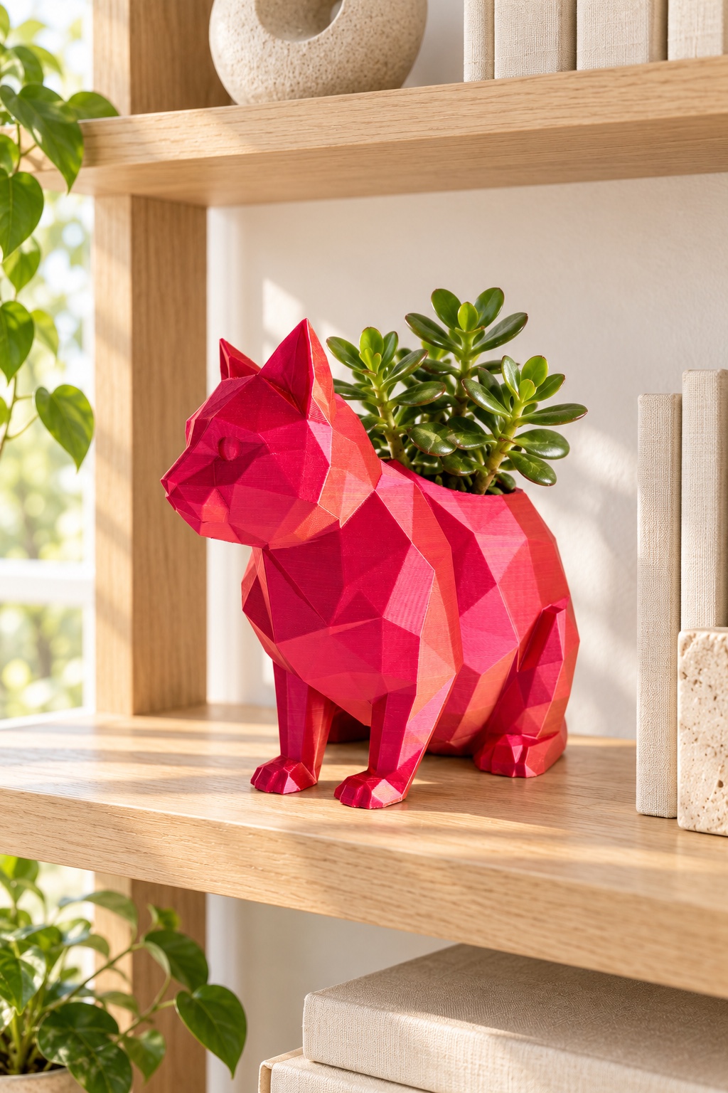 Facet Cat planter in the pictured SP002 finish with a jade plant on a bright oak bookshelf; AI styling illustration, plants and props for display.
