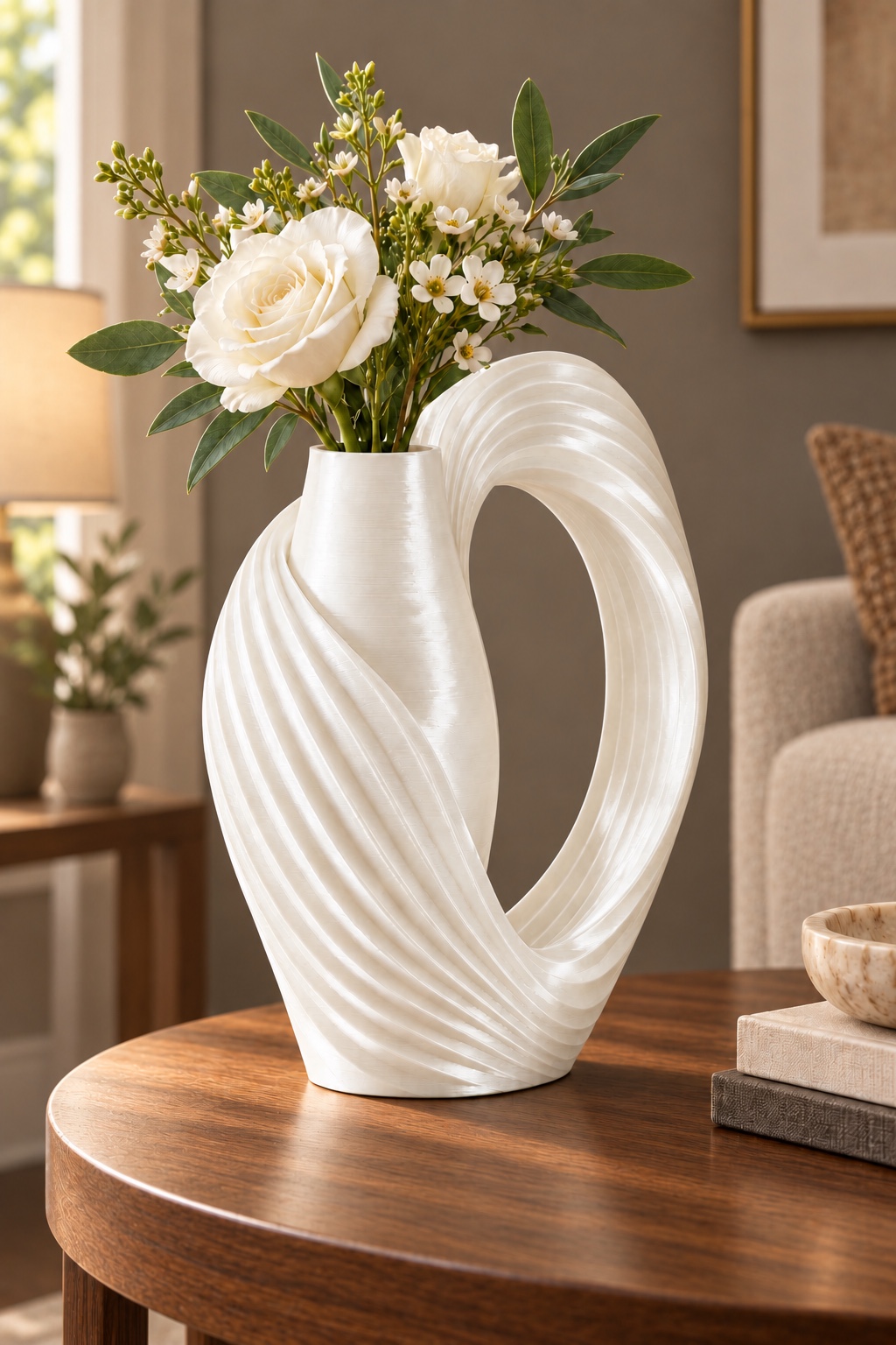 Ribbon Loop pearl-white vase concept with flowers on a wood side table