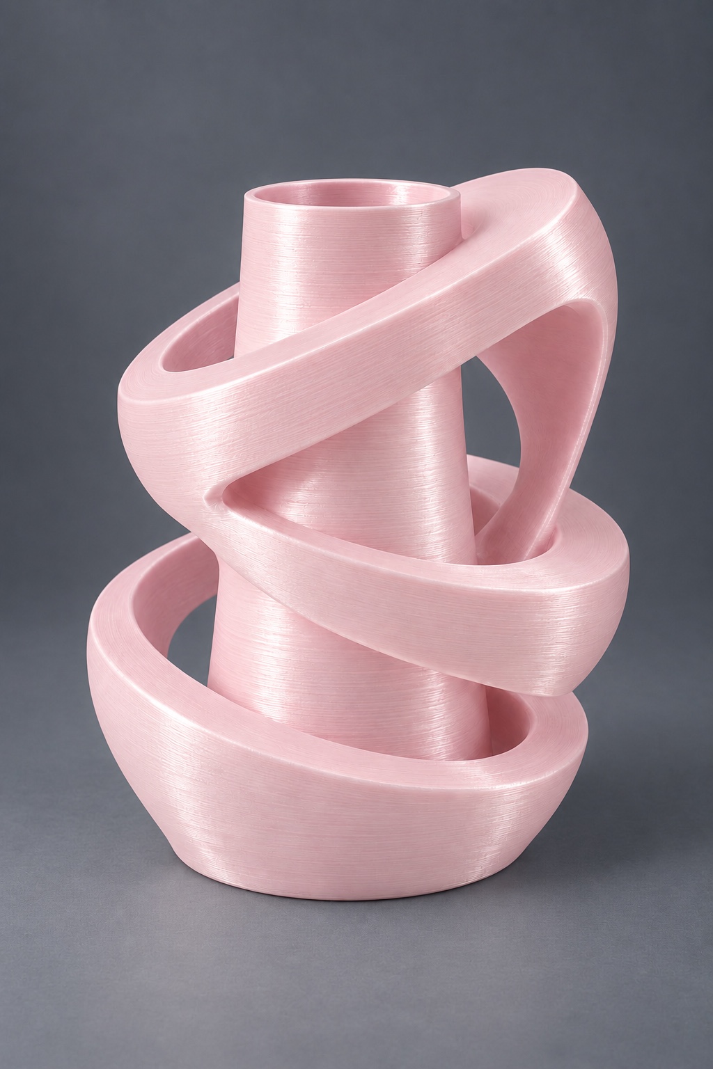 Orbit Stack vase concept with three thick tilted rings around a closed central flower chamber, front view, in the Peach Milk Pink color direction. AI visualization.