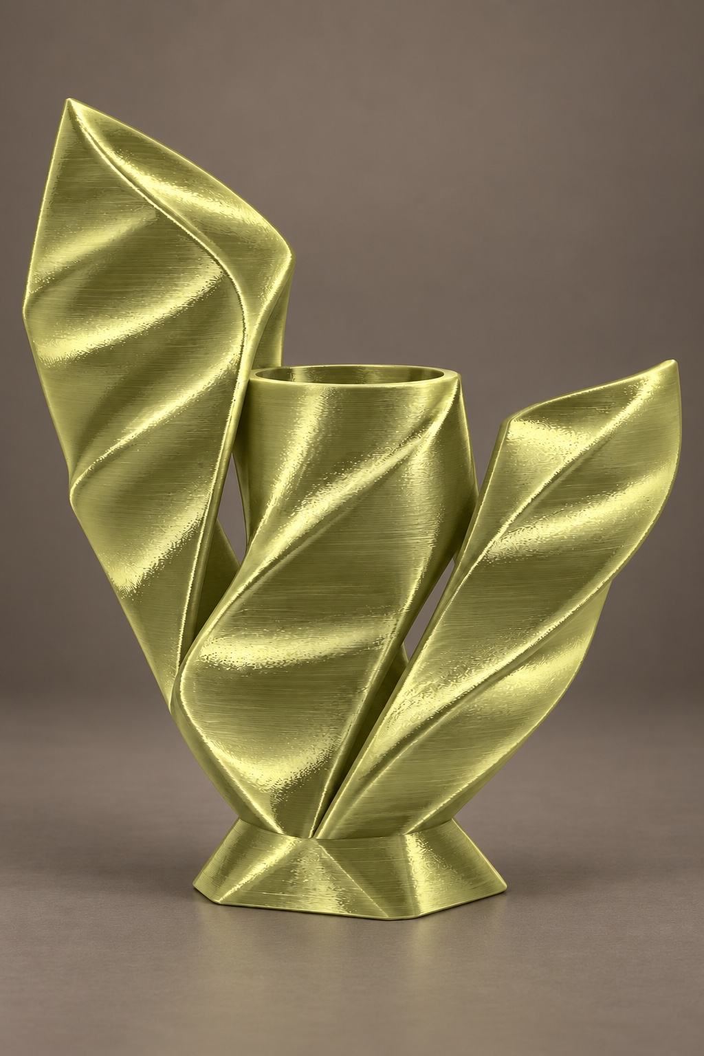 Sail Bloom vase concept with three asymmetric twisted sail forms around a recessed flower chamber and low faceted foot, front view, in the Bronze color direction. AI visualization.