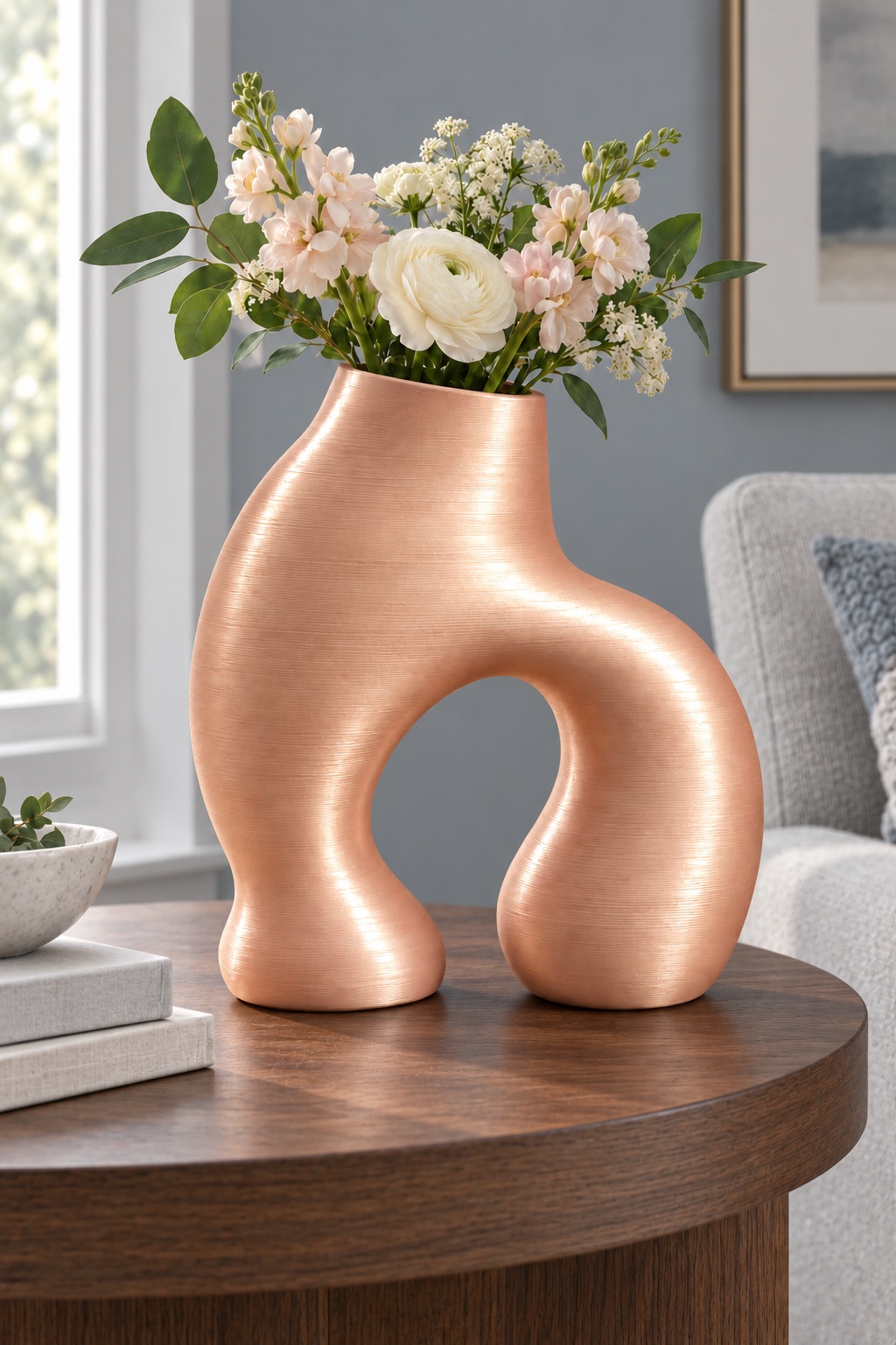 Pebble Portal vase concept with two asymmetric fused pebble forms with a lower arch opening, fresh flowers view, in the Pomelo Orange color direction. AI visualization.