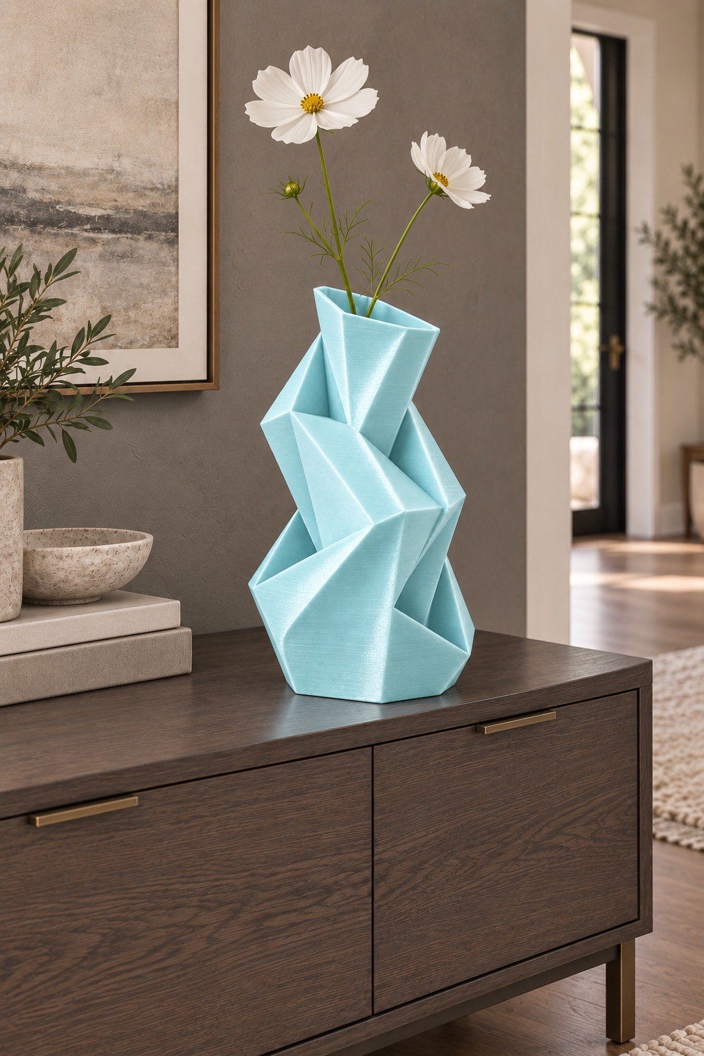 Facet Fold vase concept · In the room · Sea Salt Blue (BS290) sample-based direction. AI design visualization.