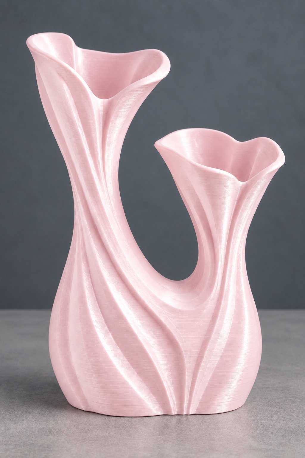 Split Bloom vase concept with two asymmetric petal mouths with a branching open space, front view, in the Peach Milk Pink color direction. AI visualization.