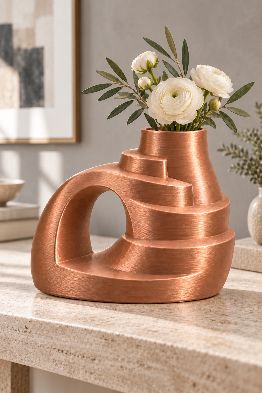 Terrace Arc vase concept with spiraling stepped terraces with an off-center chamber and side arch, fresh flowers view, in the Silk Coffee Gold color direction. AI visualization.