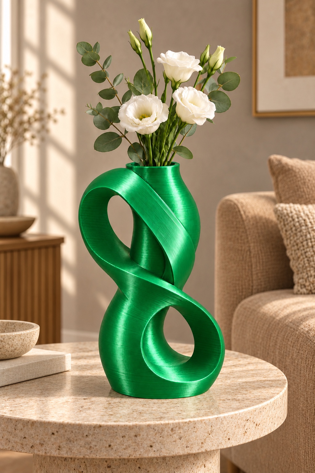 Infinity Coil vase concept with an offset infinity-shaped ribbon framing two curved windows, fresh flowers view, in the Silk Christmas Green color direction. AI visualization.