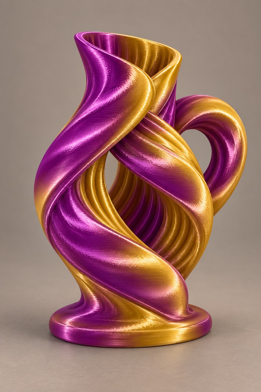 Knot Current vase concept, front, Royal Purple & Gold color direction. AI design visualization.