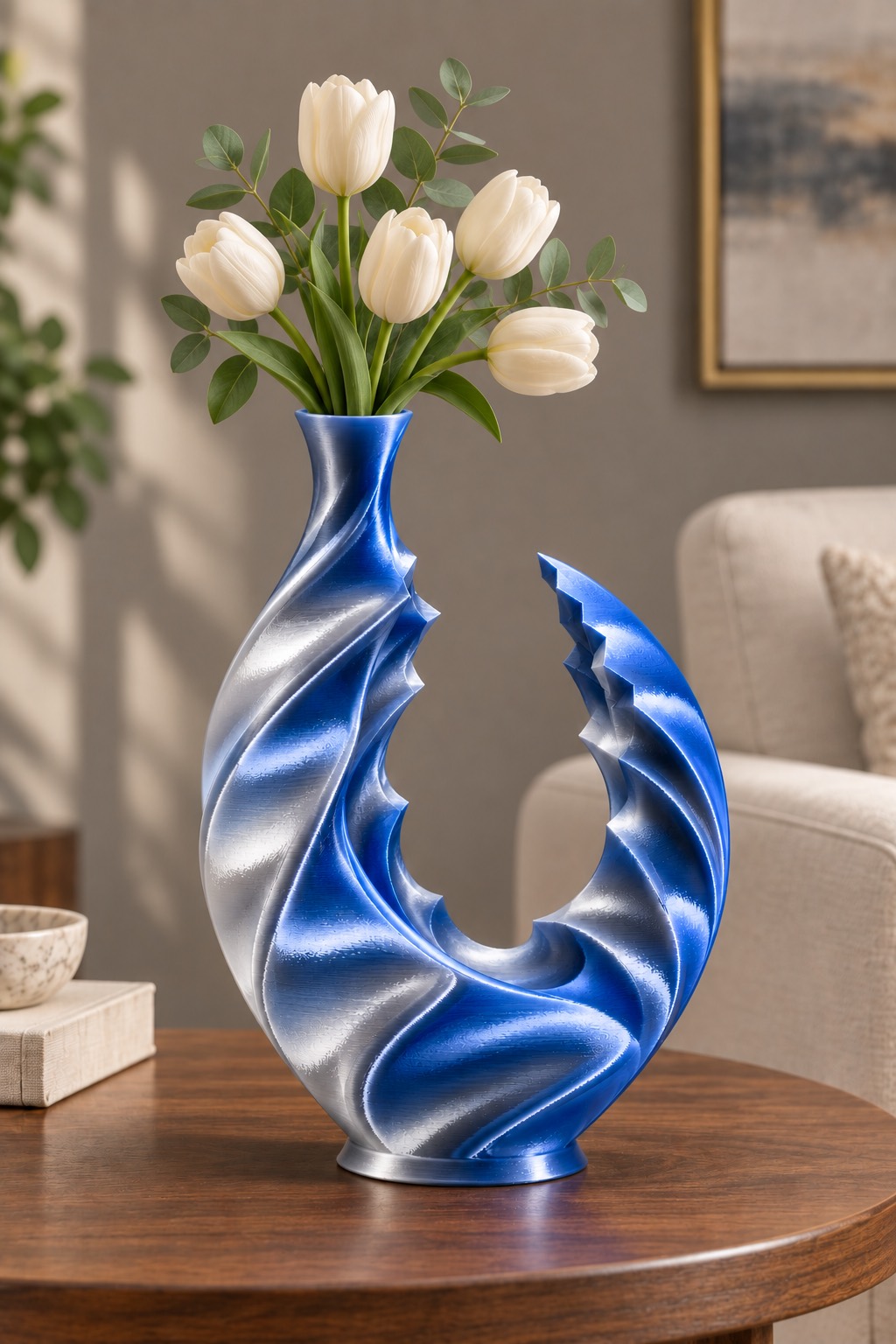 Lunar Fracture vase concept, fresh flowers, Glacier Blue & Silver color direction. AI design visualization.