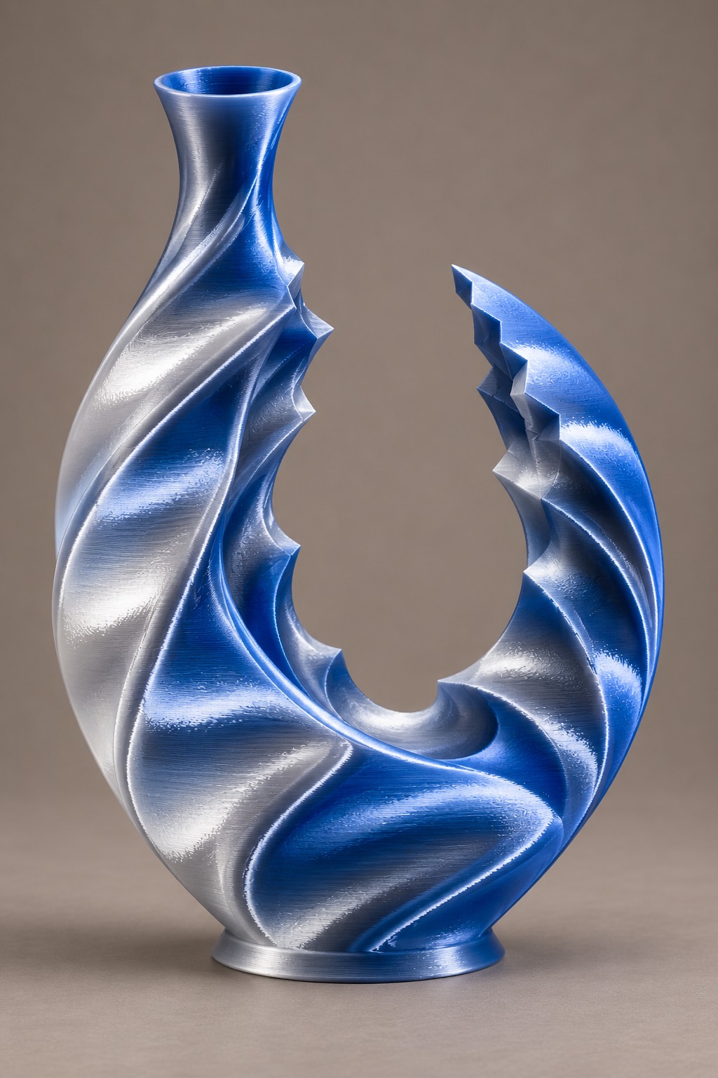 Lunar Fracture vase concept, front, Glacier Blue & Silver color direction. AI design visualization.