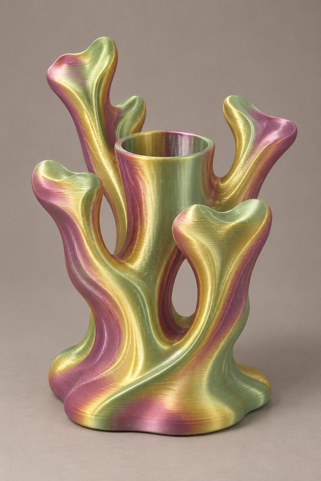 Coral Crown vase concept, front, Green, Gold & Purple color direction. AI design visualization.
