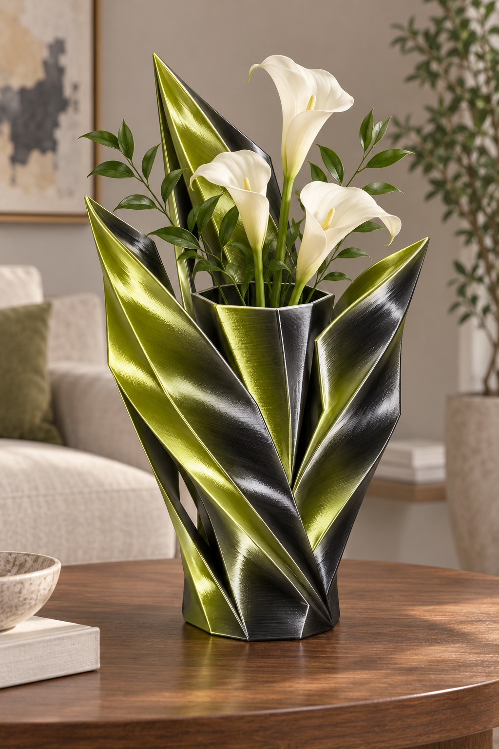 Folded Wing vase concept, fresh flowers, Midnight Black & Gold color direction. AI design visualization.