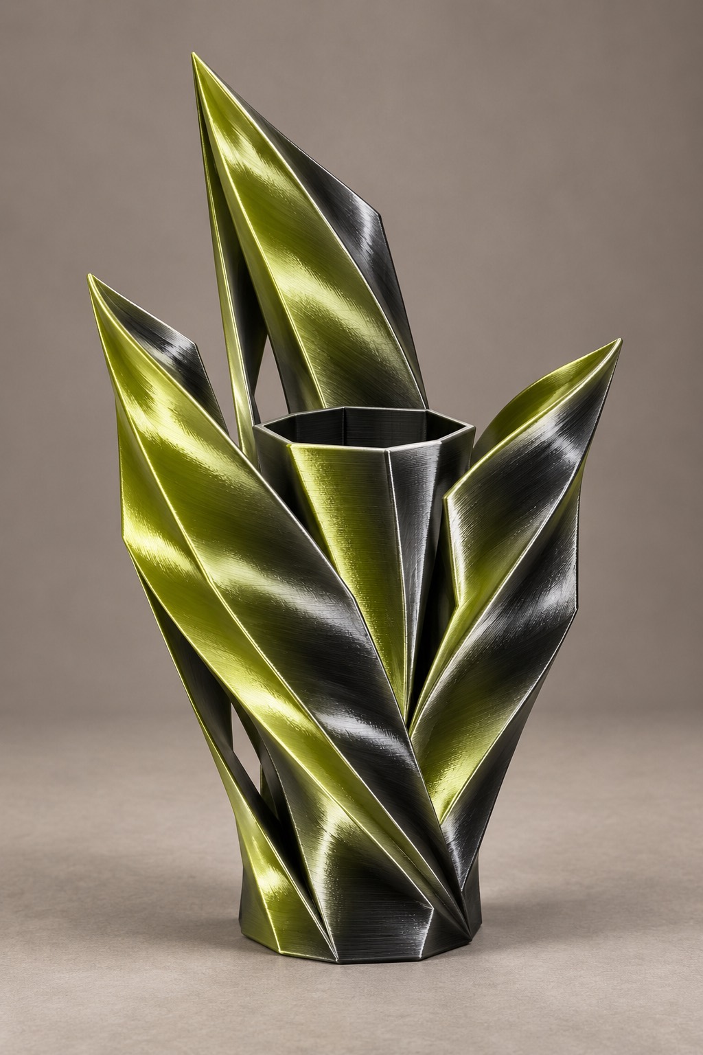 Folded Wing vase concept, front, Midnight Black & Gold color direction. AI design visualization.