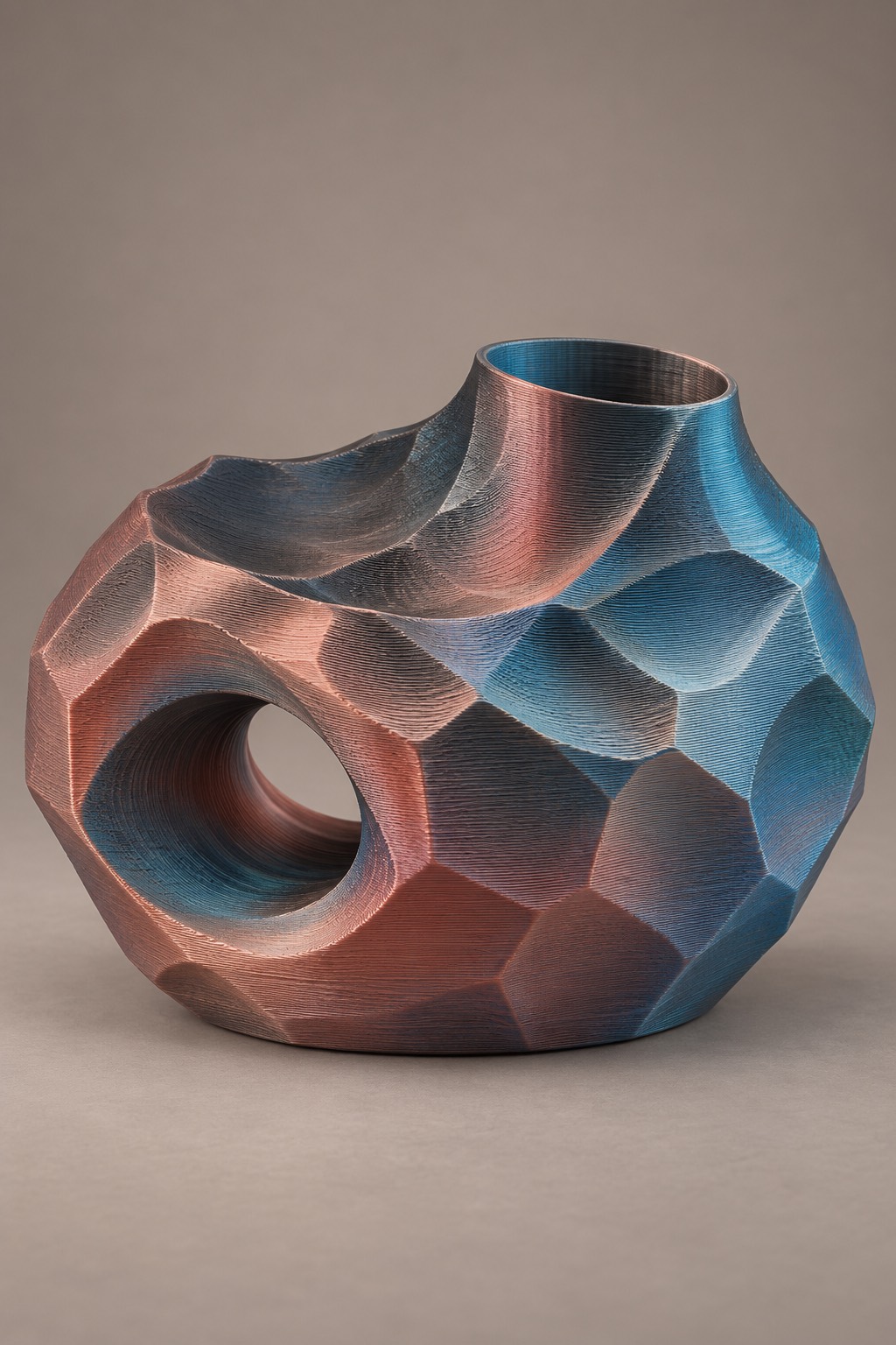 Meteor Crater empty vase concept showing the broad faceted body, off-center mouth and side tunnel in Steampunk; AI design visualization.