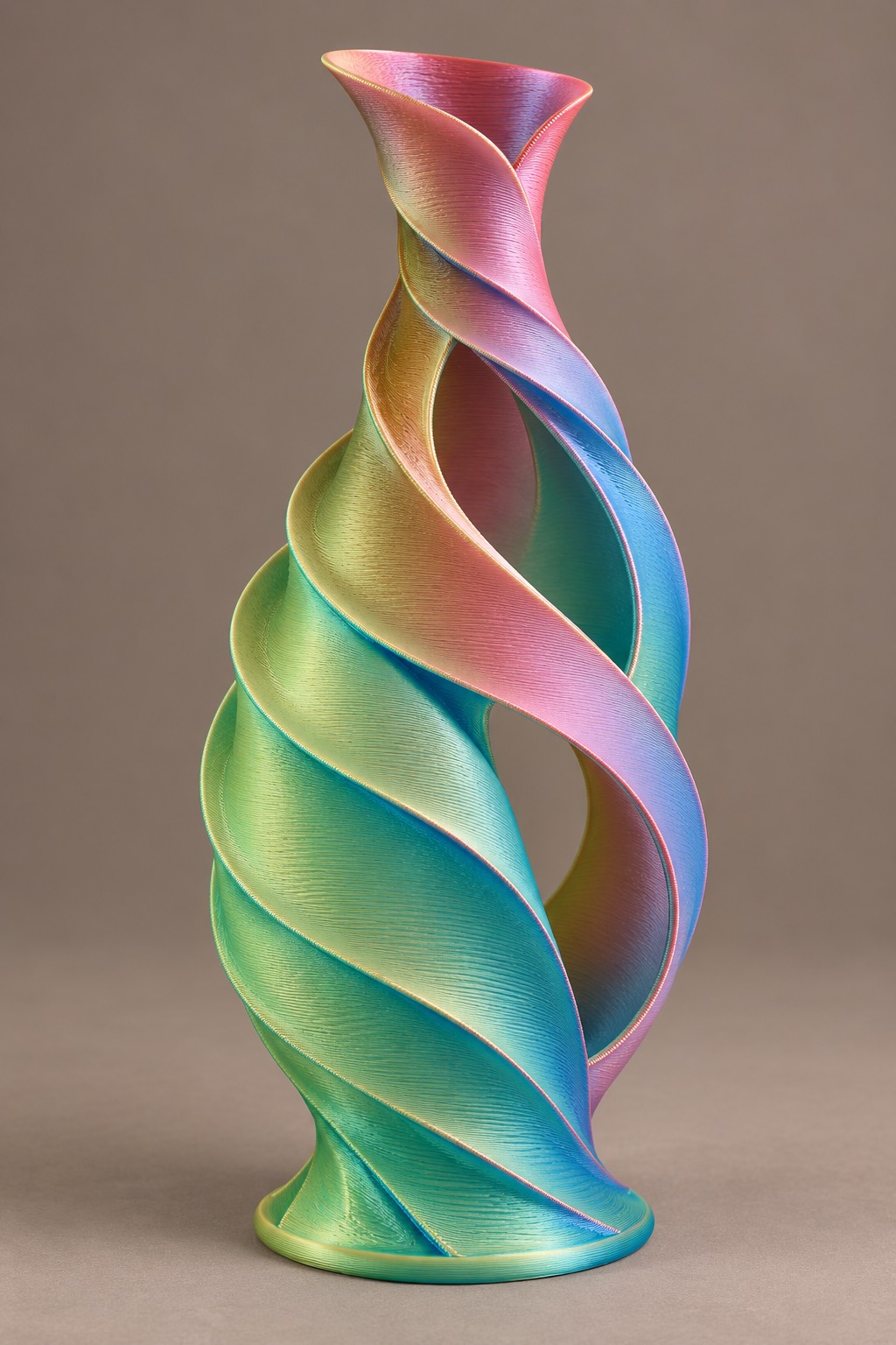 Ripple Spire vase concept, front, Luminous Rose & Blue color direction. AI design visualization.
