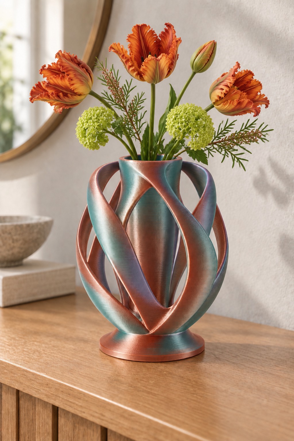Orbit Basket vase concept, fresh flowers, Copper, Green & Purple color direction. AI design visualization.