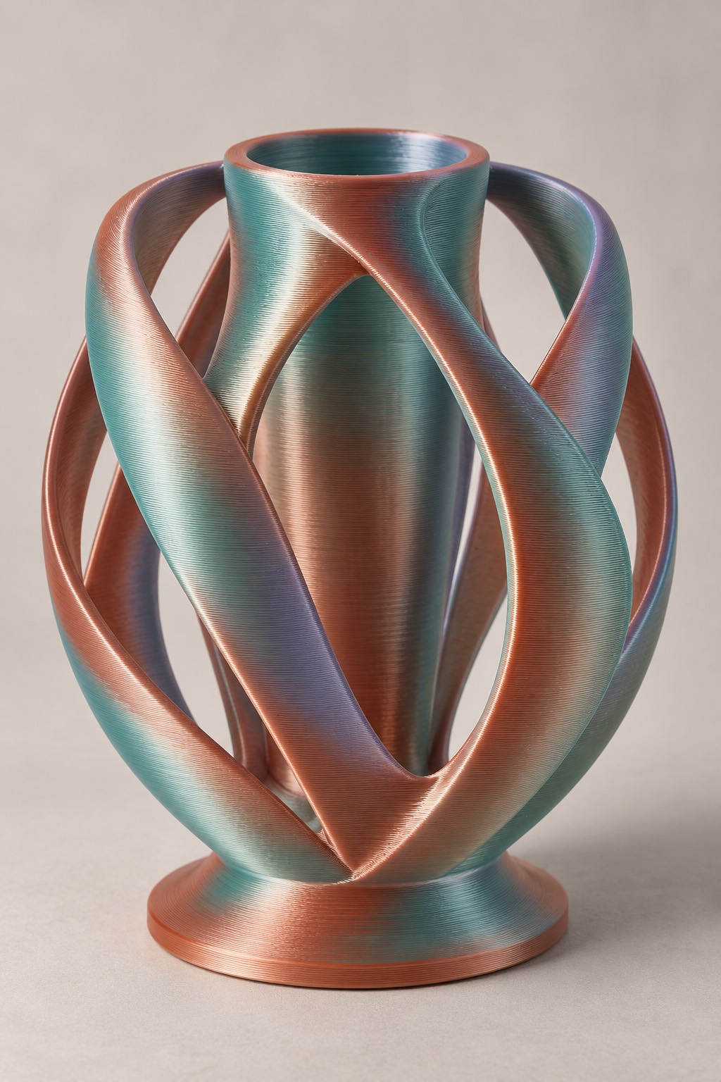 Orbit Basket vase concept, front, Copper, Green & Purple color direction. AI design visualization.