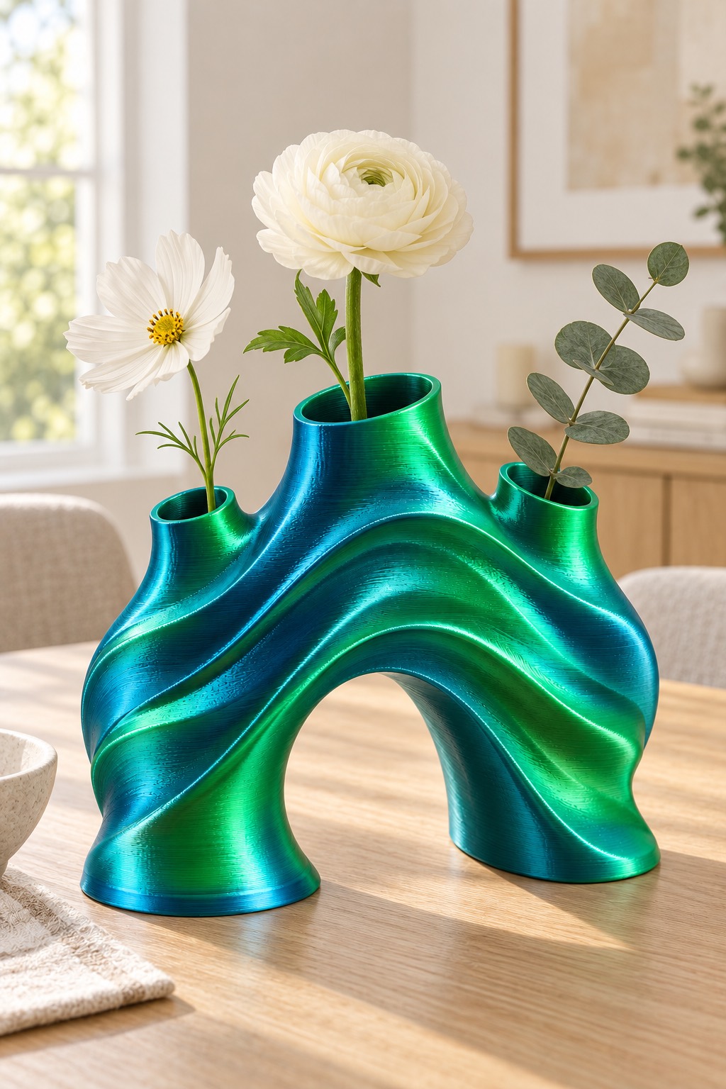 Wave Bridge vase concept with flower styling in the pictured Jade Blue & Green color direction; AI design visualization.