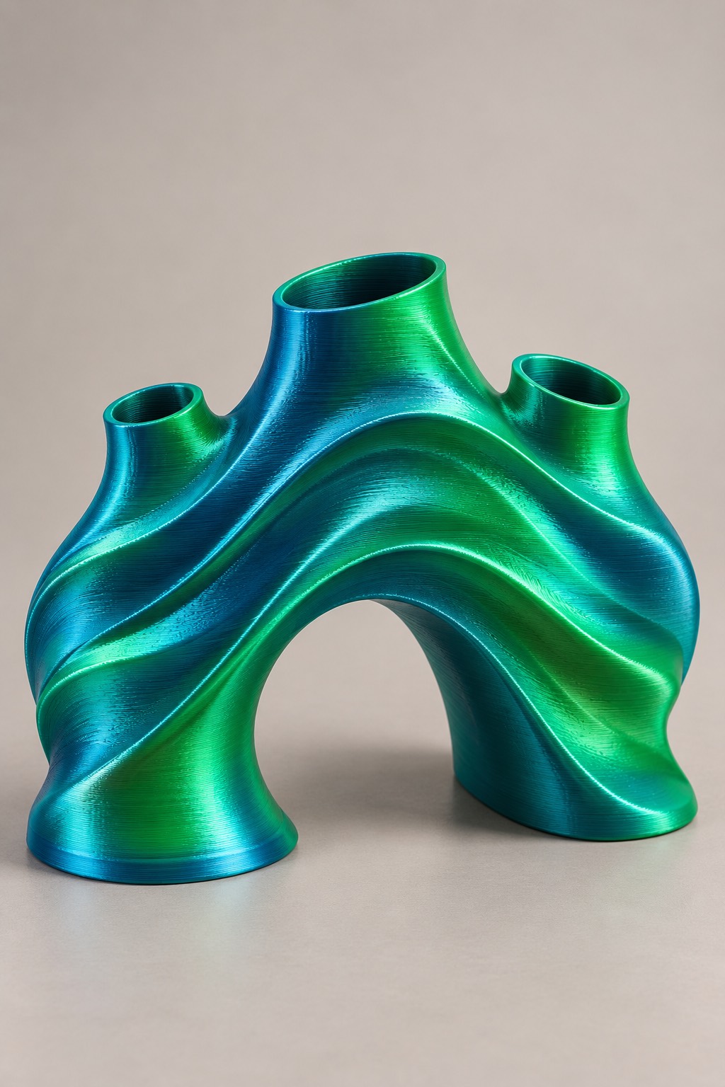 Wave Bridge vase concept, front, Jade Blue & Green color direction. AI design visualization.