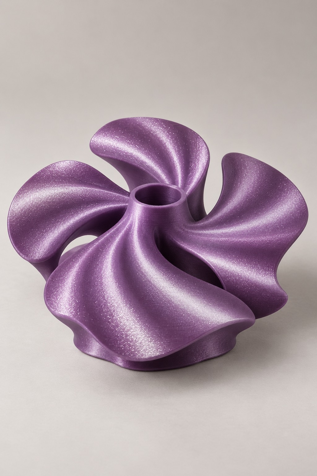 Bloom Vortex vase concept, front, Pearlescent Purple, Blue & Gold color direction. AI design visualization.
