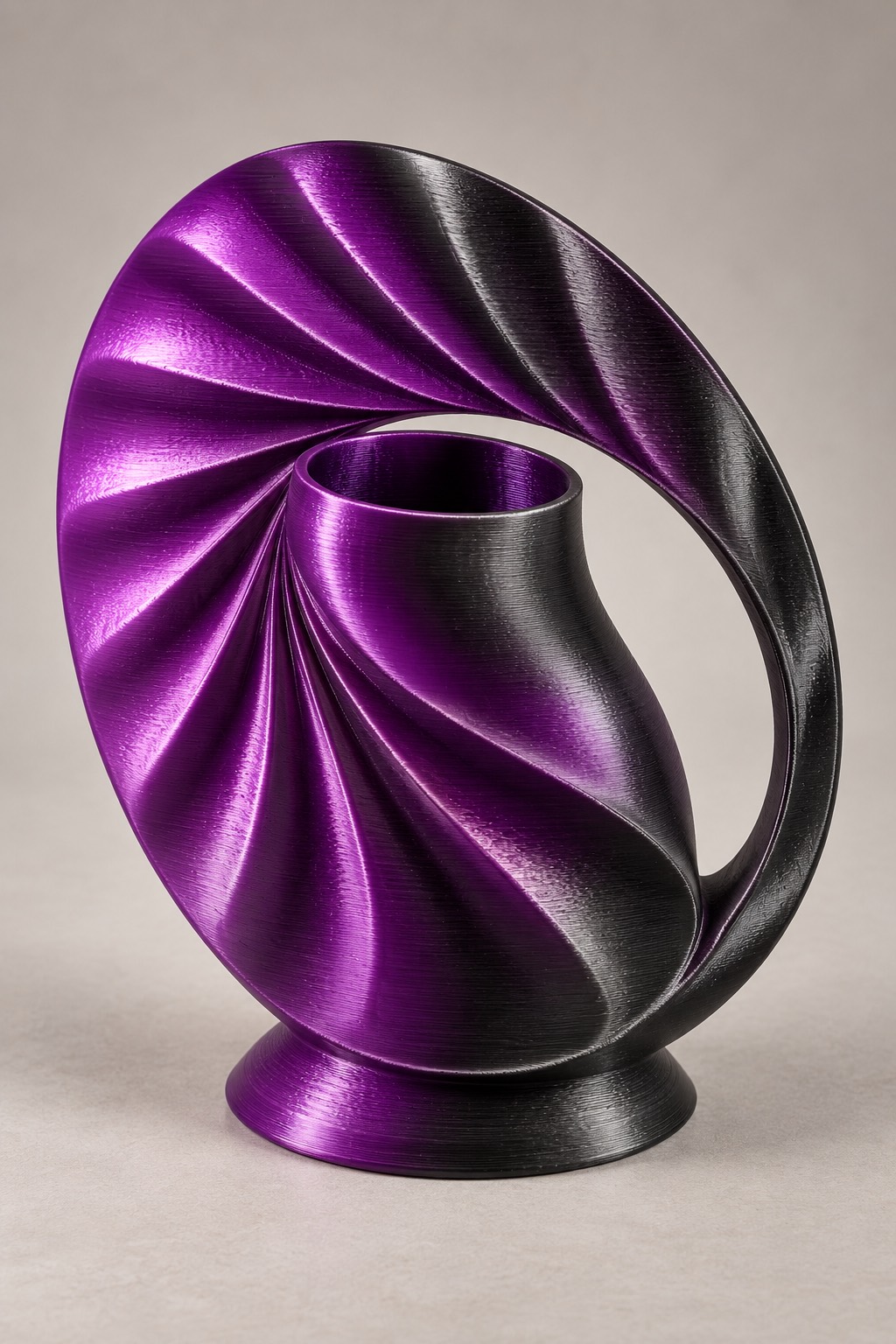Eclipse Frame vase concept, front, Phantom Black & Purple color direction. AI design visualization.