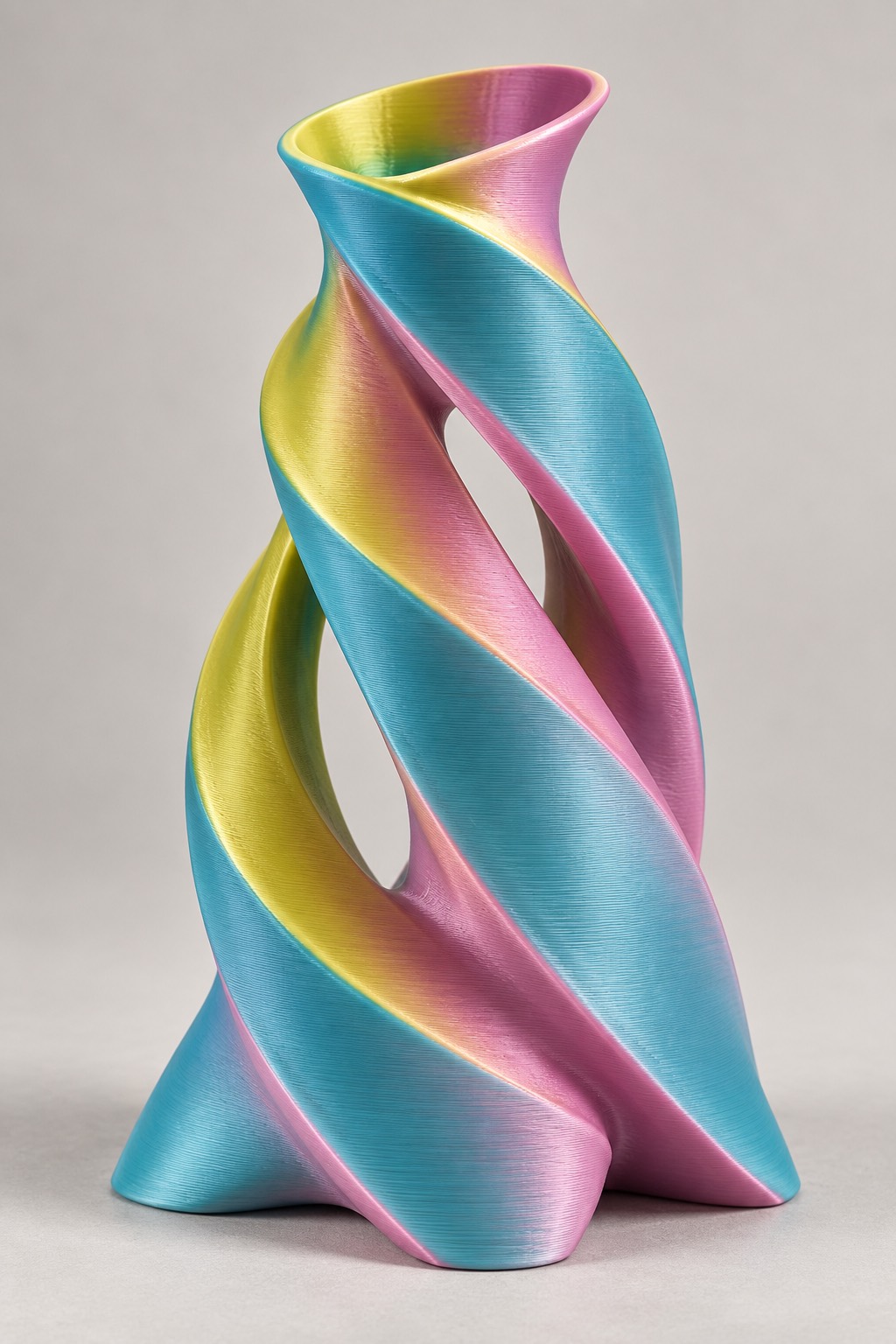 Spiral Column vase concept, front, Blue, Pink & Gold color direction. AI design visualization.