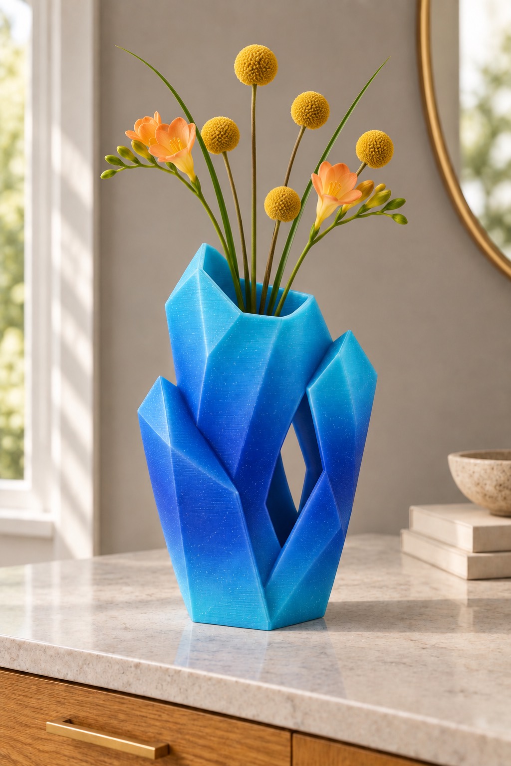 Crystal Basin vase concept, fresh flowers, Deep-Sea Nebula color direction. AI design visualization.