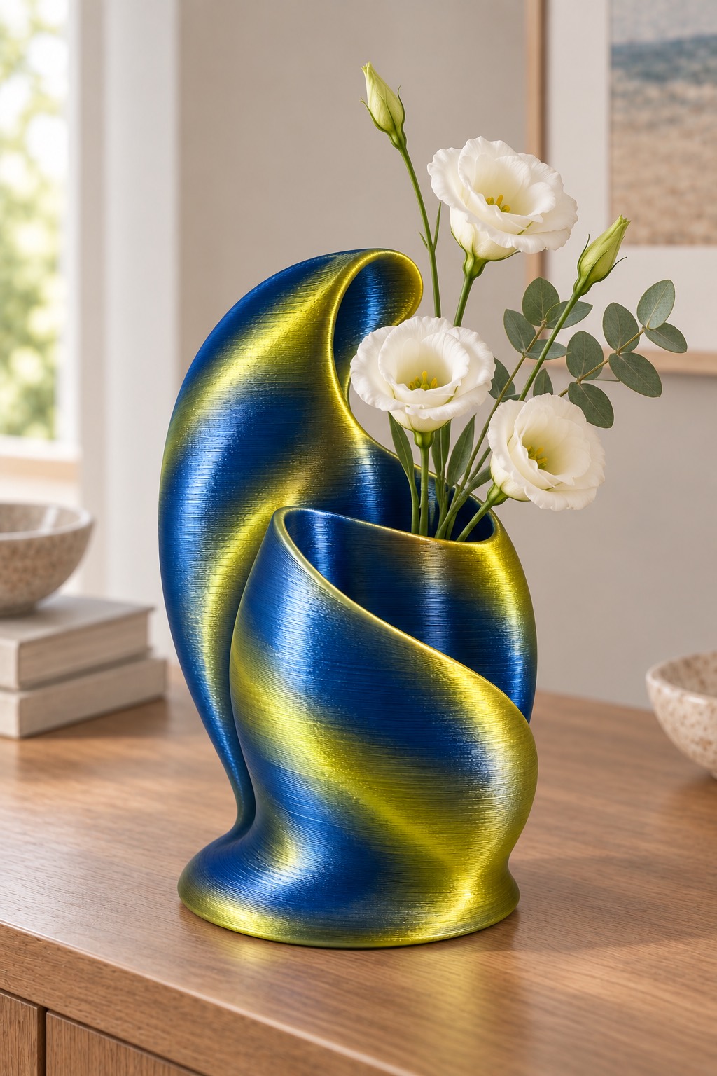 Tide Pocket vase concept, fresh flowers, Sapphire Blue & Gold color direction. AI design visualization.