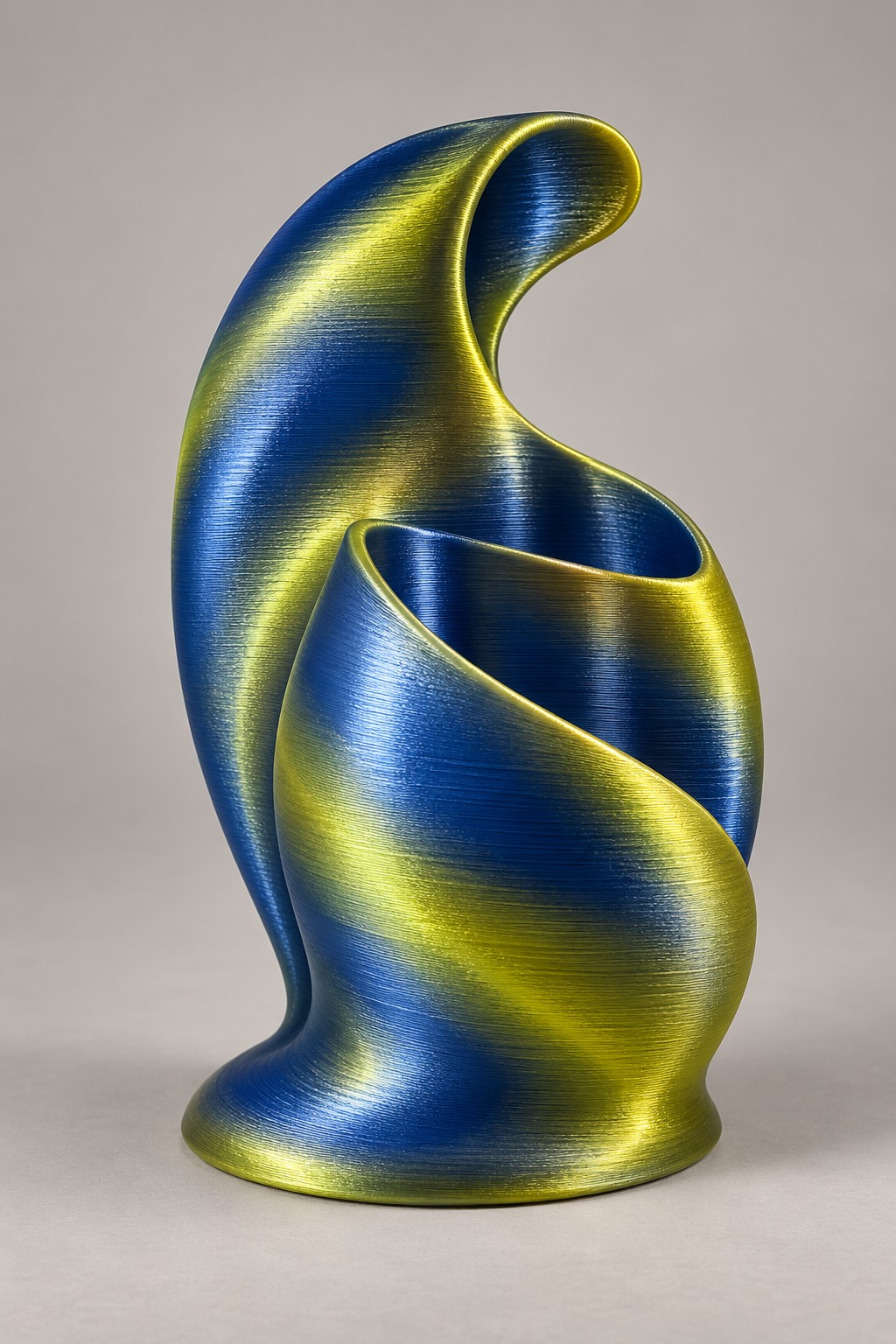 Tide Pocket vase concept, front, Sapphire Blue & Gold color direction. AI design visualization.