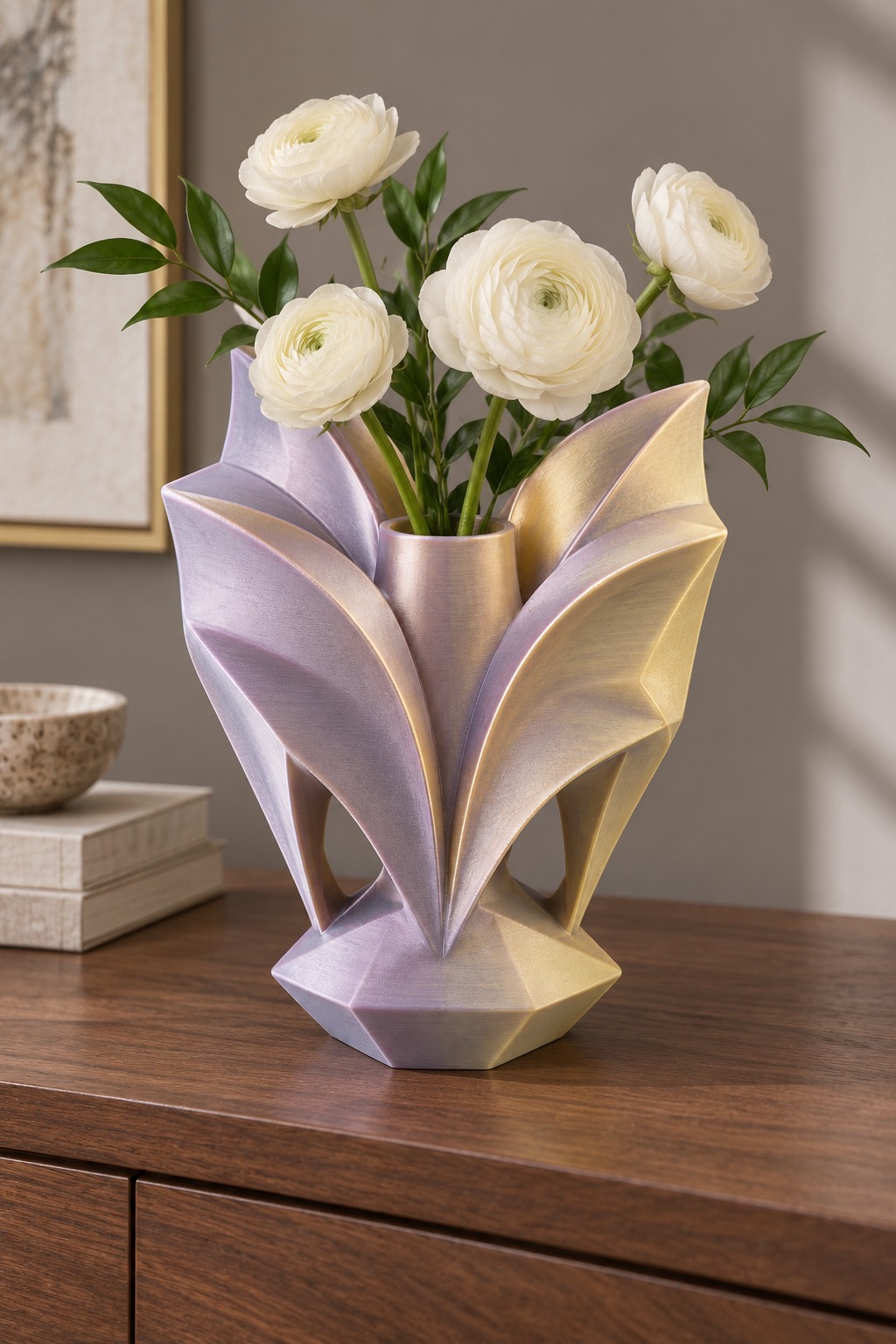 Butterfly Fold vase concept, fresh flowers, Dreamy Purple & Orange color direction. AI design visualization.