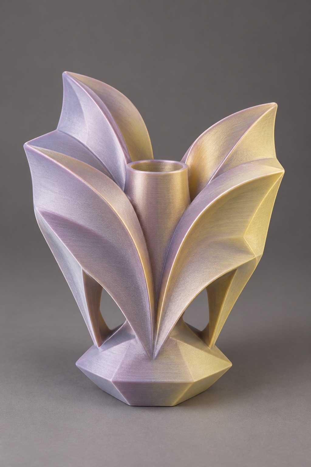 Butterfly Fold vase concept, front, Dreamy Purple & Orange color direction. AI design visualization.