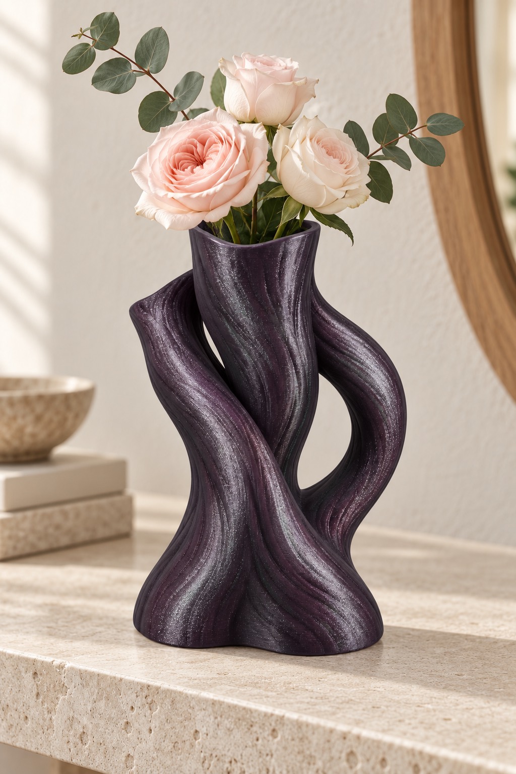 Branch Twist vase concept, fresh flowers, Pearlescent Green, Gold & Red color direction. AI design visualization.