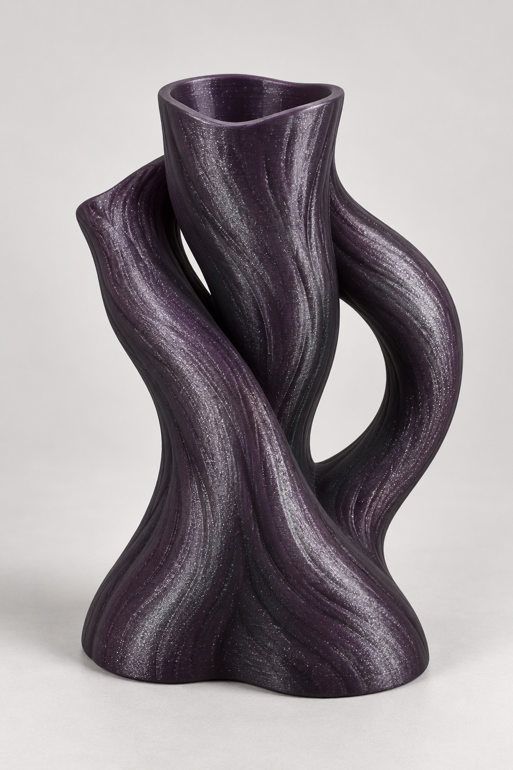 Branch Twist vase concept, front, Pearlescent Green, Gold & Red color direction. AI design visualization.