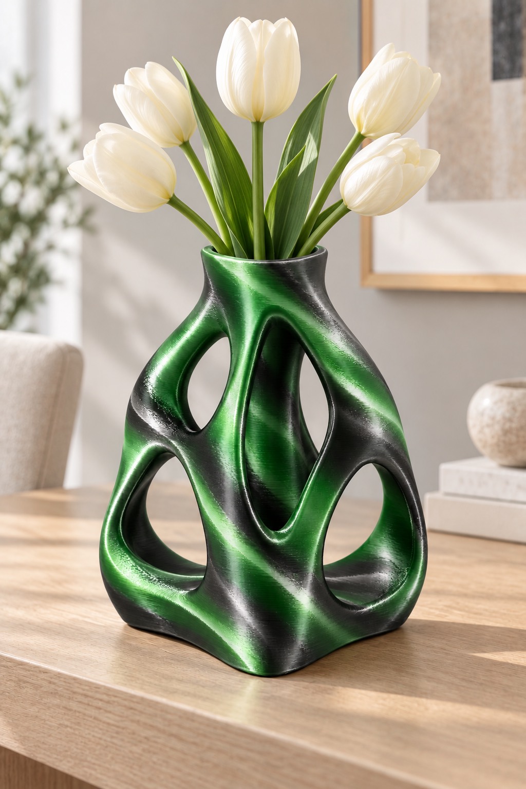 Mesh Vessel vase concept, fresh flowers, Forest Night color direction. AI design visualization.