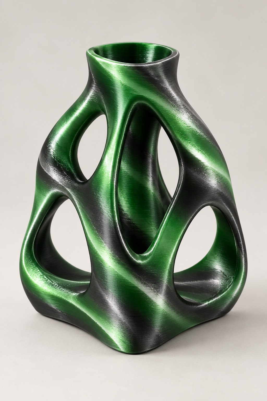 Mesh Vessel vase concept, front, Forest Night color direction. AI design visualization.