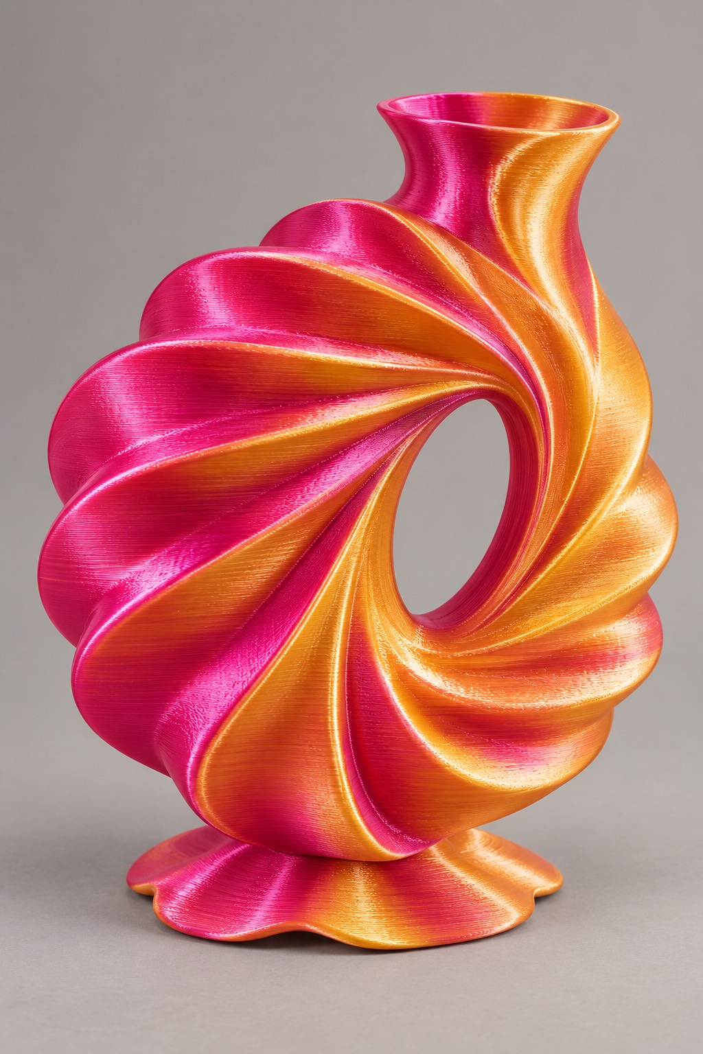 Rosette Portal vase concept, front, Rose Red & Gold color direction. AI design visualization.