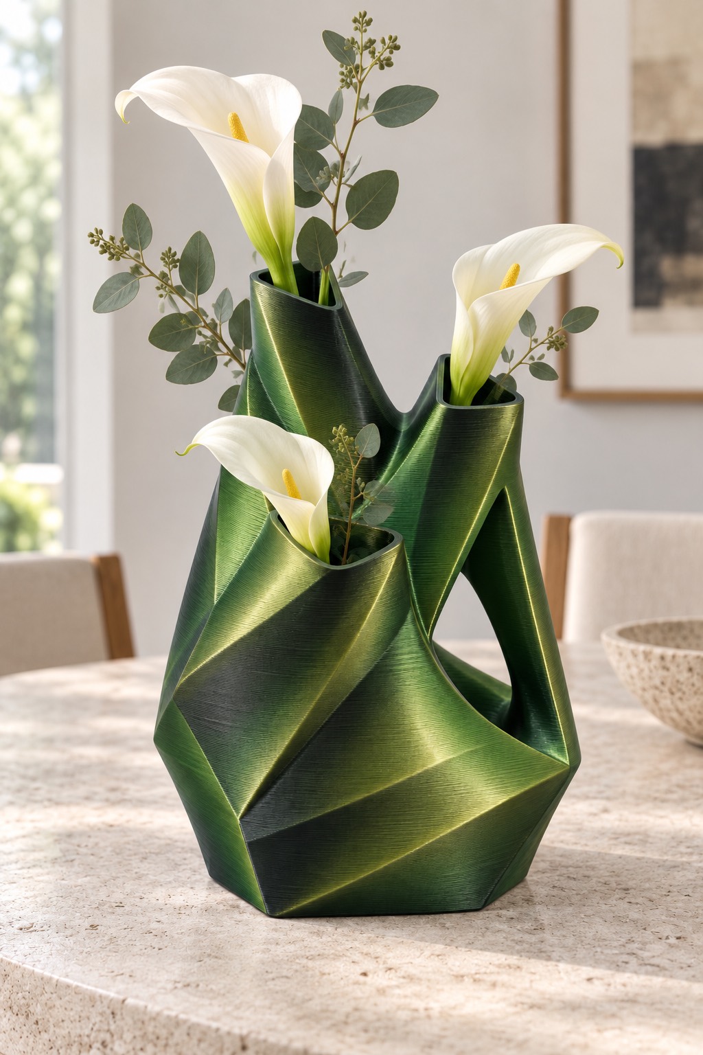 Peak Cluster vase concept, fresh flowers, Black, Green & Gold color direction. AI design visualization.