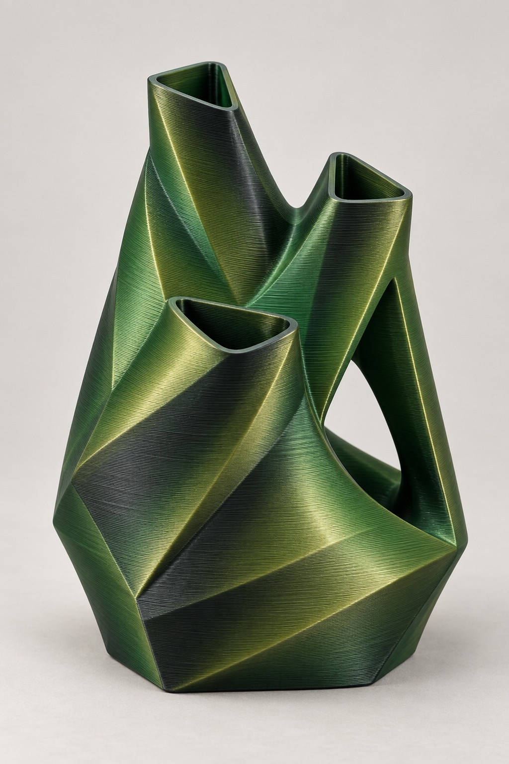 Peak Cluster vase concept, front, Black, Green & Gold color direction. AI design visualization.