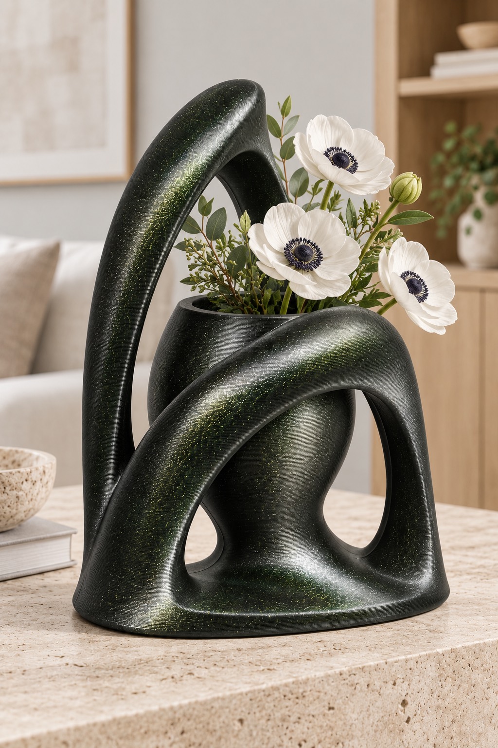 Portal Canopy vase concept, fresh flowers, Pearlescent Blue, Green & Gold color direction. AI design visualization.
