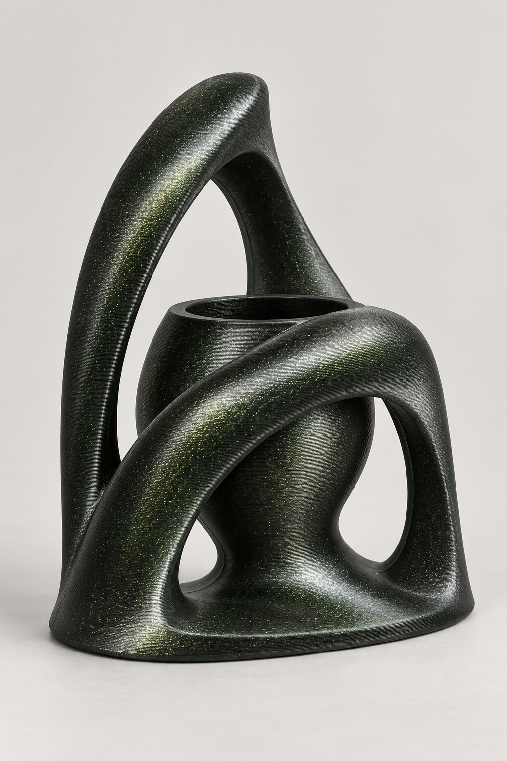 Portal Canopy vase concept, front, Pearlescent Blue, Green & Gold color direction. AI design visualization.